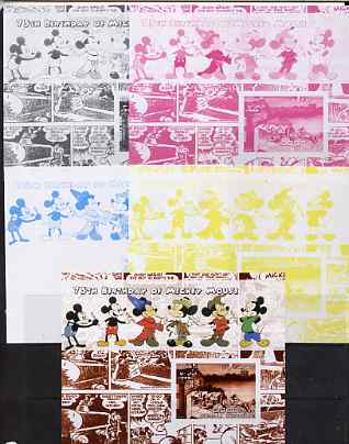 Somalia 2004 75th Birthday of Mickey Mouse #11 - Cartoon Strip in Brown m/sheet - the set of 5 imperf progressive proofs comprising the 4 individual colours plus all 4-co..., stamps on disney, stamps on personalities, stamps on films, stamps on cinema, stamps on 