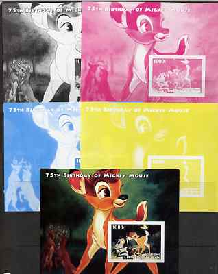 Benin 2004 75th Birthday of Mickey Mouse - Bambi m/sheet - the set of 5 imperf progressive proofs comprising the 4 individual colours plus all 4-colour composite, unmounted mint, stamps on disney, stamps on personalities, stamps on films, stamps on cinema, stamps on 