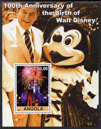 Angola 2001 Birth Centenary of Walt Disney #10 perf s/sheet - Disneyland Fireworks & Ronald Reagan, unmounted mint, stamps on personalities, stamps on films, stamps on cinema, stamps on movies, stamps on disney, stamps on usa presidents, stamps on americana, stamps on fireworks