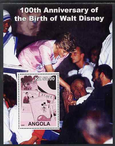 Angola 2001 Birth Centenary of Walt Disney #08 perf s/sheet - Magazine Covers & Diana, unmounted mint. Note this item is privately produced and is offered purely on its thematic appeal, stamps on personalities, stamps on films, stamps on cinema, stamps on movies, stamps on diana, stamps on royalty, stamps on disney