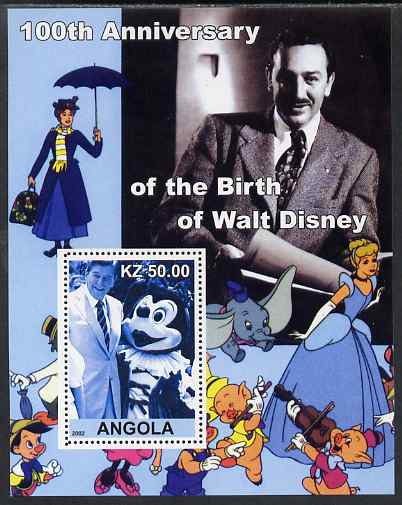 Angola 2002 Birth Centenary of Walt Disney #08 perf s/sheet - Mickey Mouse & Ronald Reagan unmounted mint, stamps on personalities, stamps on films, stamps on cinema, stamps on movies, stamps on disney, stamps on usa presidents, stamps on americana, stamps on 