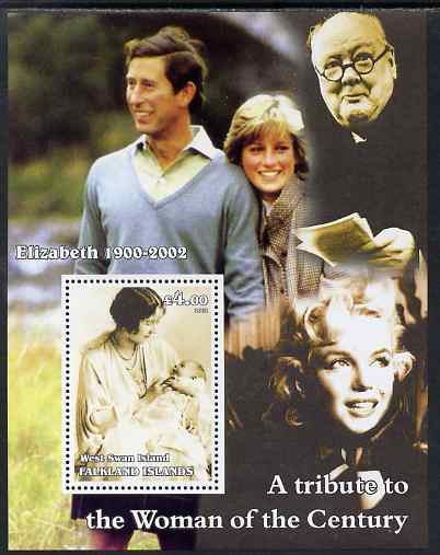 West Swan Island (Falkland Islands) 2002 A Tribute to the Woman of the Century #4 Queen Mother perf souvenir sheet unmounted mint (Also shows Charles, Diana, Churchill & ..., stamps on personalities, stamps on royalty, stamps on diana, stamps on queen mother, stamps on films, stamps on cinema, stamps on movies, stamps on marilyn, stamps on churchill, stamps on constitutions, stamps on  ww2 , stamps on masonry, stamps on masonics, stamps on 