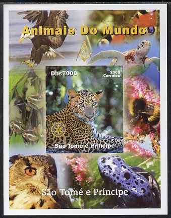 St Thomas & Prince Islands 2005 Animals of the World - Leopard imperf s/sheet with Rotary Logo unmounted mint, stamps on animals, stamps on leopard, stamps on cats, stamps on rotary, stamps on turtles, stamps on birds, stamps on birds of prey, stamps on bees, stamps on eagles, stamps on owls, stamps on frogs, stamps on butterflies, stamps on bats, stamps on mammal