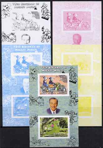 Somalia 2004 75th Birthday of Mickey Mouse #21 - Motorcycle & Dragon sheetlet containing 2 values plus  the set of 5 imperf progressive proofs comprising the 4 individual colours plus all 4-colour composite, unmounted mint, stamps on disney, stamps on motorbikes, stamps on dragons, stamps on films, stamps on cinema, stamps on movies