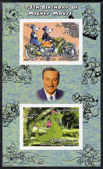 Somalia 2004 75th Birthday of Mickey Mouse #21 - Motorcycle & Dragon imperf sheetlet containing 2 values plus label, unmounted mint, stamps on disney, stamps on motorbikes, stamps on dragons, stamps on films, stamps on cinema, stamps on movies