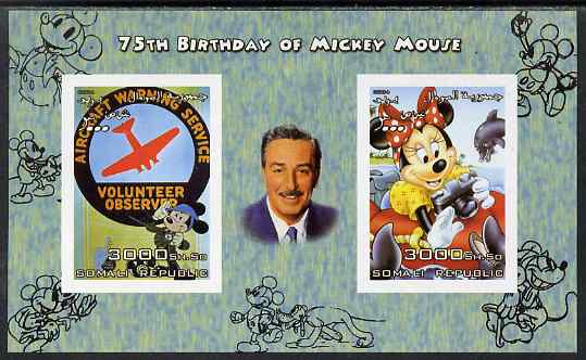 Somalia 2004 75th Birthday of Mickey Mouse #24 - Volunteer Observer & Photographer imperf sheetlet containing 2 values plus label, unmounted mint, stamps on disney, stamps on aviation, stamps on cameras, stamps on photography, stamps on films, stamps on cinema, stamps on movies