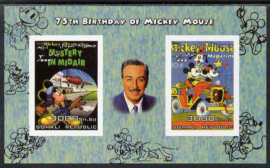 Somalia 2004 75th Birthday of Mickey Mouse #23 - Magazine covers imperf sheetlet containing 2 values plus label, unmounted mint, stamps on , stamps on  stamps on disney, stamps on  stamps on aviation, stamps on  stamps on cars, stamps on  stamps on films, stamps on  stamps on cinema, stamps on  stamps on movies