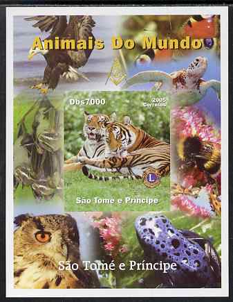 St Thomas & Prince Islands 2005 Animals of the World - Tigers imperf s/sheet with Lions International Logo unmounted mint, stamps on animals, stamps on tigers, stamps on lions int, stamps on turtles, stamps on birds, stamps on birds of prey, stamps on bees, stamps on eagles, stamps on owls, stamps on frogs, stamps on butterflies, stamps on bats, stamps on mammal