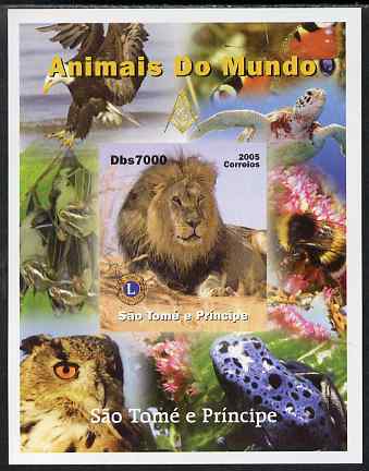 St Thomas & Prince Islands 2005 Animals of the World - Lion imperf s/sheet with Lions International Logo unmounted mint, stamps on animals, stamps on lion, stamps on lions int, stamps on turtles, stamps on birds, stamps on birds of prey, stamps on bees, stamps on eagles, stamps on owls, stamps on frogs, stamps on butterflies, stamps on bats, stamps on mammal