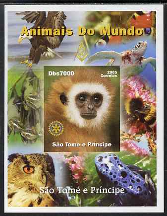St Thomas & Prince Islands 2005 Animals of the World - Monkey imperf s/sheet with Rotary Logo unmounted mint. Note this item is privately produced and is offered purely o..., stamps on animals, stamps on monkeys, stamps on apes, stamps on cats, stamps on rotary, stamps on turtles, stamps on birds, stamps on birds of prey, stamps on bees, stamps on eagles, stamps on owls, stamps on frogs, stamps on butterflies, stamps on bats, stamps on mammal