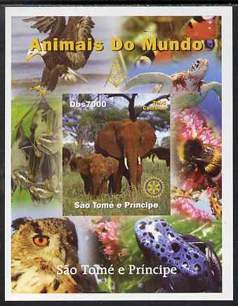 St Thomas & Prince Islands 2005 Animals of the World - Elephants imperf s/sheet with Rotary Logo unmounted mint, stamps on animals, stamps on elephants, stamps on cats, stamps on rotary, stamps on turtles, stamps on birds, stamps on birds of prey, stamps on bees, stamps on eagles, stamps on owls, stamps on frogs, stamps on butterflies, stamps on bats, stamps on mammal