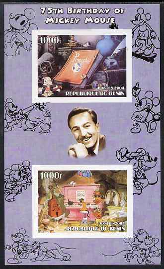 Benin 2004 75th Birthday of Mickey Mouse - Pinocchio & Jazz Band imperf sheetlet containing 2 values plus label, unmounted mint, stamps on disney, stamps on music, stamps on jazz, stamps on films, stamps on cinema, stamps on movies
