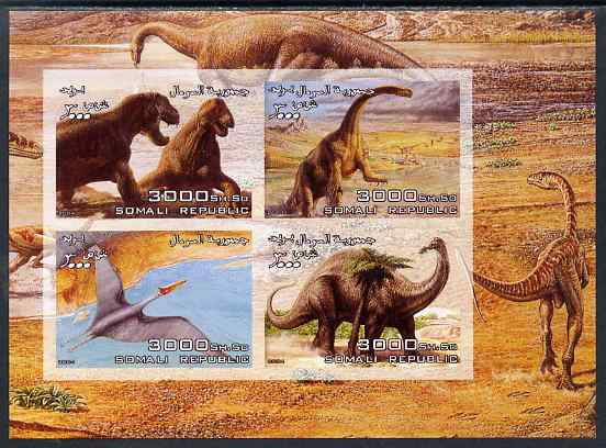 Somalia 2004 Dinosaurs imperf sheetlet containing 4 values unmounted mint, stamps on dinosaurs