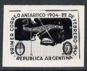 Argentine Republic 1947 43rd Anniversary of Antarctic Mail black and white photographic essay of 5c stamp (stamp size) similar to issued stamp but in horizontal format, stamps on polar, stamps on ships