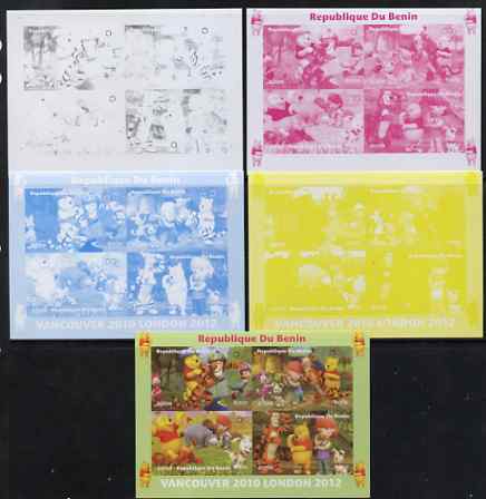 Benin 2009 Olympic Games - Disney's Winnie the Pooh #01 sheetlet containing 4 values - the set of 5 imperf progressive proofs comprising the 4 individual colours plus all 4-colour composite, unmounted mint, stamps on olympics, stamps on pooh, stamps on bears, stamps on cartoons, stamps on fairy tales, stamps on tigers, stamps on disney, stamps on films, stamps on cinema, stamps on movies