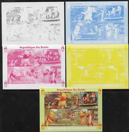 Benin 2009 Olympic Games - Disneys Winnie the Pooh #02 sheetlet containing 4 values - the set of 5 imperf progressive proofs comprising the 4 individual colours plus all ..., stamps on olympics, stamps on pooh, stamps on bears, stamps on cartoons, stamps on fairy tales, stamps on tigers, stamps on disney, stamps on films, stamps on cinema, stamps on movies