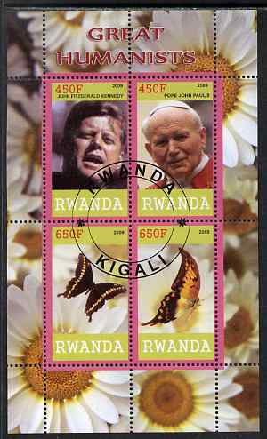Rwanda 2009 Great Humanist #2 - Kennedy & Pope John Paul plus Butterflies perf sheetlet containing 4 values cto used , stamps on personalities, stamps on kennedy, stamps on pope, stamps on religion, stamps on popes, stamps on usa presidents, stamps on americana, stamps on butterflies