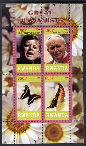 Rwanda 2009 Great Humanist #2 - Kennedy & Pope John Paul plus Butterflies perf sheetlet containing 4 values unmounted mint , stamps on personalities, stamps on kennedy, stamps on pope, stamps on religion, stamps on popes, stamps on usa presidents, stamps on americana, stamps on butterflies