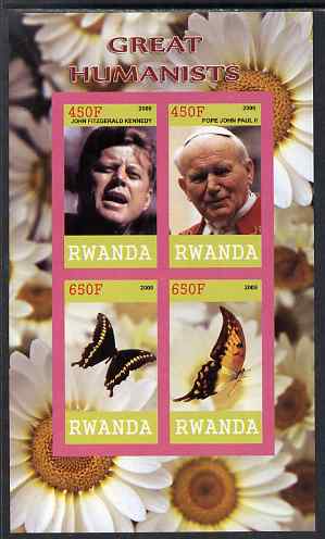 Rwanda 2009 Great Humanist #2 - Kennedy & Pope John Paul plus Butterflies imperf sheetlet containing 4 values unmounted mint , stamps on personalities, stamps on kennedy, stamps on pope, stamps on religion, stamps on popes, stamps on usa presidents, stamps on americana, stamps on butterflies