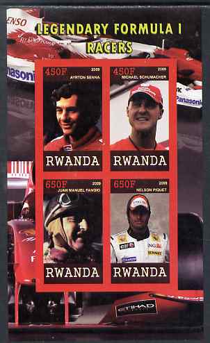 Rwanda 2009 Legendary Formula 1 Drivers imperf sheetlet containing 4 values unmounted mint (Senna, Schumacher, Fangio & Piquet), stamps on sport, stamps on formula 1, stamps on  f1 , stamps on cars, stamps on senna, stamps on schumacher, stamps on fangio, stamps on piquet