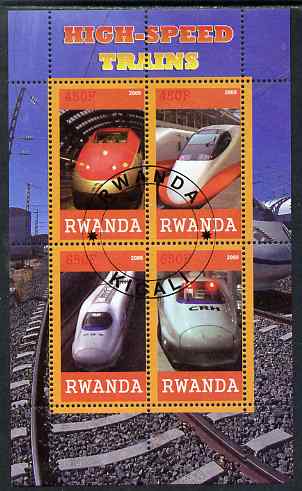 Rwanda 2009 High Speed Trains #1 perf sheetlet containing 4 values cto used, stamps on railways