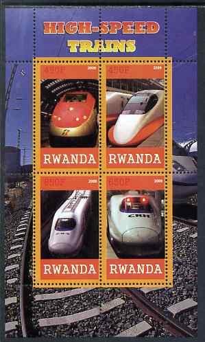 Rwanda 2009 High Speed Trains #1 perf sheetlet containing 4 values unmounted mint , stamps on railways