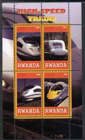 Rwanda 2009 High Speed Trains #2 perf sheetlet containing 4 values unmounted mint , stamps on railways