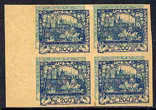Czechoslovakia 1918 Hradcany 200h imperf proof block of 4 in blue doubly printed with 20h in turquoise, on ungummed buff paper, as SG 7 & 13, stamps on tourism