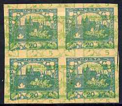 Czechoslovakia 1918 Hradcany 20h imperf proof block of 4 in turquoise doubly printed with 5h in green, on ungummed buff paper, as SG 5 & 7, stamps on tourism