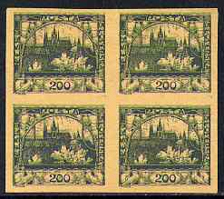 Czechoslovakia 1918 Hradcany 200h imperf proof block of 4 in blue doubly printed with 5h in green, on ungummed buff paper, as SG 5 & 13, stamps on tourism