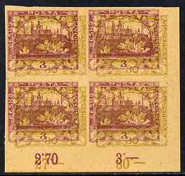 Czechoslovakia 1918 Hradcany 3h imperf proof block of 4 in purple doubly printed with 30h in olive, on ungummed buff paper, as SG 4 & 9, stamps on tourism