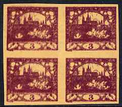 Czechoslovakia 1918 Hradcany 3h imperf proof block of 4 in purple doubly printed, on ungummed buff paper, as SG 4, stamps on tourism