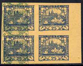 Czechoslovakia 1918 Hradcany 25h imperf proof block of 4 in blue doubly printed with Windhover 2h in green, on ungummed buff paper, as SG 8 & N24, stamps on tourism, stamps on birds