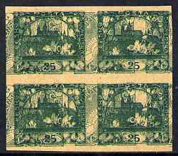 Czechoslovakia 1918 Hradcany 25h imperf proof block of 4 in blue doubly printed with Windhover 2h inverted in green, on ungummed buff paper, as SG 8 & N24, stamps on tourism, stamps on birds