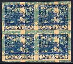 Czechoslovakia 1918 Hradcany 25h imperf proof block of 4 in blue doubly printed with 20h in turquoiae, on ungummed buff paper, as SG 7 & 8, stamps on tourism, stamps on birds