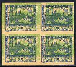 Czechoslovakia 1918 Hradcany 25h imperf proof block of 4 in blue doubly printed with 5h in green, on ungummed buff paper, as SG 5 & 17, stamps on tourism