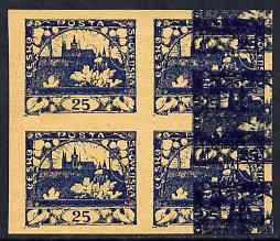 Czechoslovakia 1918 Hradcany 25h imperf proof block of 4 in blue doubly printed (second impression at side), on ungummed buff paper, as SG 17, stamps on tourism