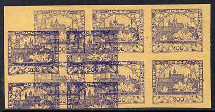 Czechoslovakia 1918 Hradcany 200h imperf proof block of 6 in blue doubly printed (second impression as block of 4), on ungummed buff paper, as SG 17, stamps on tourism