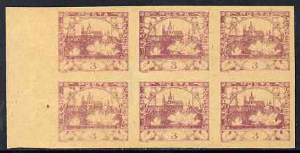 Czechoslovakia 1918 Hradcany 3h imperf proof block of 6 in purple on ungummed buff paper, as SG 4 , stamps on tourism