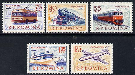 Rumania 1963 Transport set of 5 unmounted mint, SG 3031-35, Mi 2161-65, stamps on railways, stamps on aviation, stamps on buses, stamps on trams, stamps on transport, stamps on ships