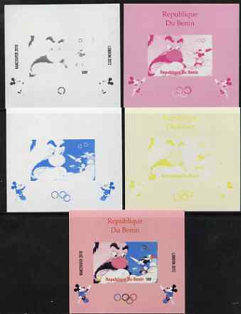 Benin 2009 Olympic Games - Disney Characters #16 individual deluxe sheet - the set of 5 imperf progressive proofs comprising the 4 individual colours plus all 4-colour composite, unmounted mint, stamps on olympics, stamps on cartoons , stamps on disney, stamps on films, stamps on cinema, stamps on movies