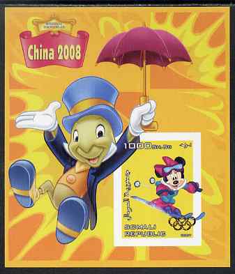 Somalia 2007 Disney - China 2008 Stamp Exhibition #06 imperf m/sheet featuring Minny Mouse & Jiminy Cricket overprinted with Olympic rings in gold foil, unmounted mint. N..., stamps on disney, stamps on films, stamps on cinema, stamps on movies, stamps on cartoons, stamps on stamp exhibitions, stamps on skiing, stamps on umbrellas, stamps on olympics