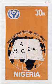 Nigeria 1990 Literacy Year - original hand-painted artwork for 30k value (Open book & globe) by unknown artist on card 5x8.5 endorsed B6, stamps on education    literature    maps       books
