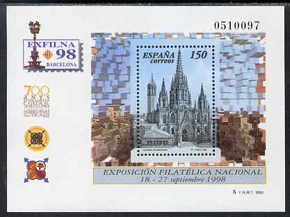 Spain 1998 Exfilna '98 Stamp Exhibition perf m/sheet unmounted mint SG MS 3490, stamps on stamp exhibitions, stamps on cathedrals, stamps on 