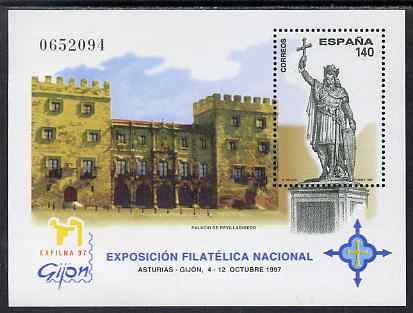 Spain 1997 Exfilna '97 Stamp Exhibition perf m/sheet unmounted mint SG MS 3451, stamps on stamp exhibitions, stamps on statues