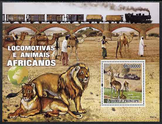 St Thomas & Prince Islands 2009 Trains & Animals of Africa perf s/sheet unmounted mint, stamps on railways, stamps on animals, stamps on bridges, stamps on lions, stamps on giraffes, stamps on camels, stamps on railways