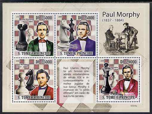 St Thomas & Prince Islands 2009 Chess - Paul Morphy perf sheetlet containing 4 values unmounted mint, stamps on personalities, stamps on chess