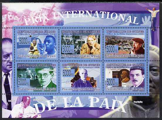 Guinea - Conakry 2009 International Peace Prize perf sheetlet containing 6 values unmounted mint, stamps on , stamps on  stamps on personalities, stamps on  stamps on nobel, stamps on  stamps on football, stamps on  stamps on picasso, stamps on  stamps on arts, stamps on  stamps on music, stamps on  stamps on composers, stamps on  stamps on chaplin