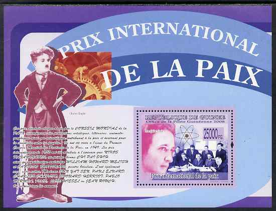 Guinea - Conakry 2009 International Peace Prize perf s/sheet unmounted mint, stamps on personalities, stamps on nobel, stamps on atomics, stamps on medical, stamps on chaplin