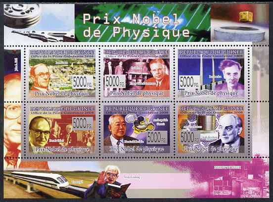 Guinea - Conakry 2009 Nobel Prize for Physics perf sheetlet containing 6 values unmounted mint, stamps on personalities, stamps on nobel, stamps on physics, stamps on science, stamps on railways